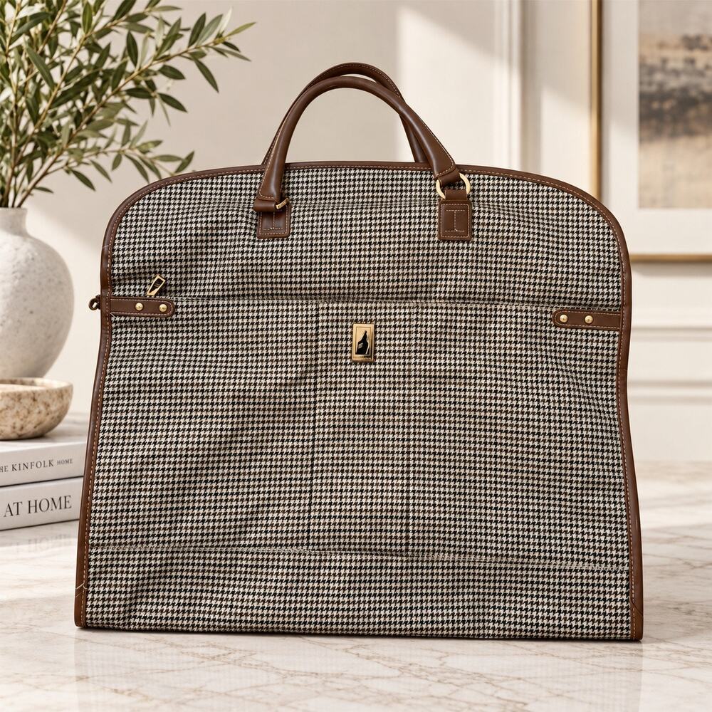 London Fog Wembley Houndstooth Garment Bag Brown Travel Luggage Style 8000
